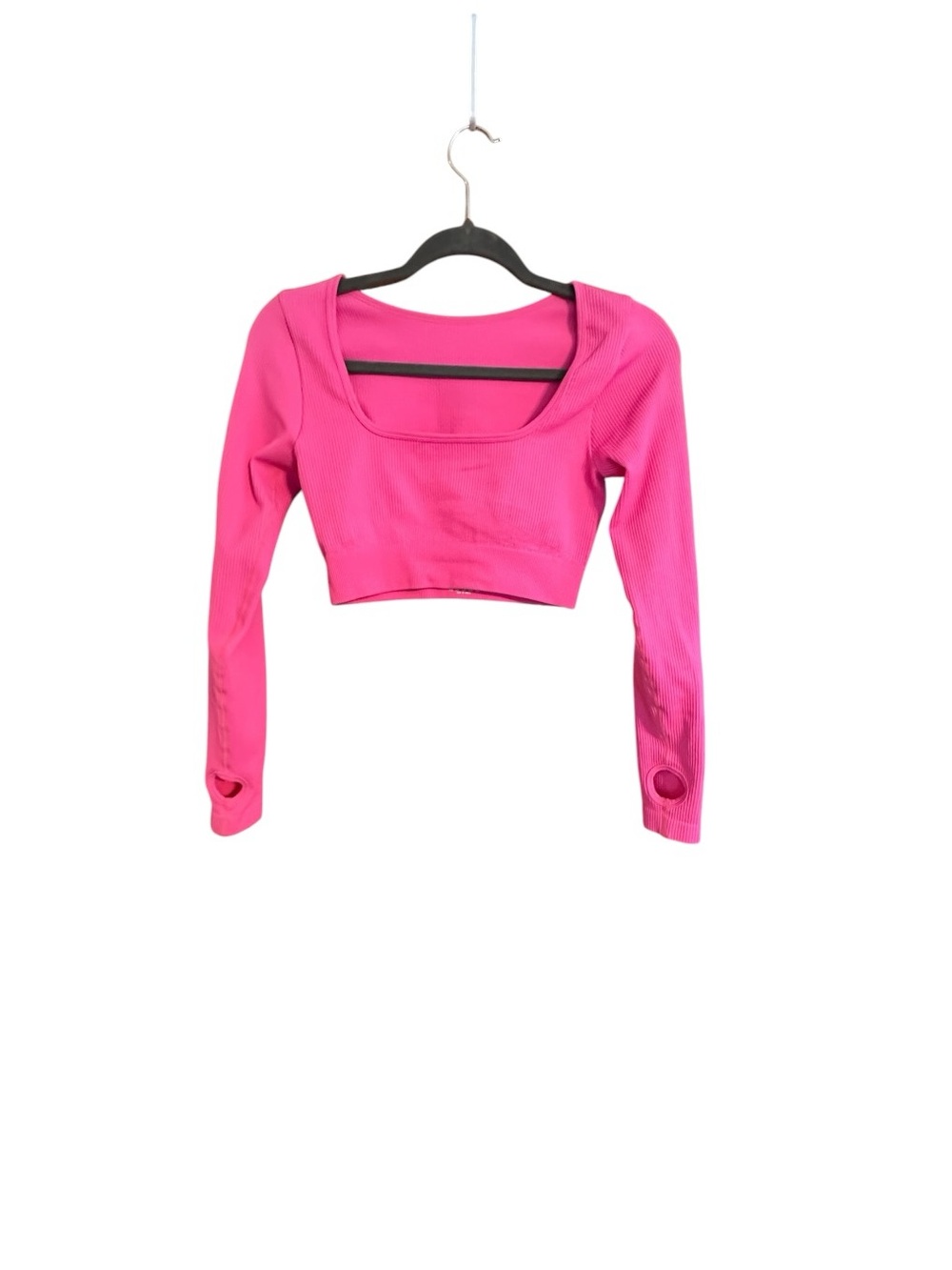 Cropped Long Sleeve Scoop Neck Top - Bright Pink